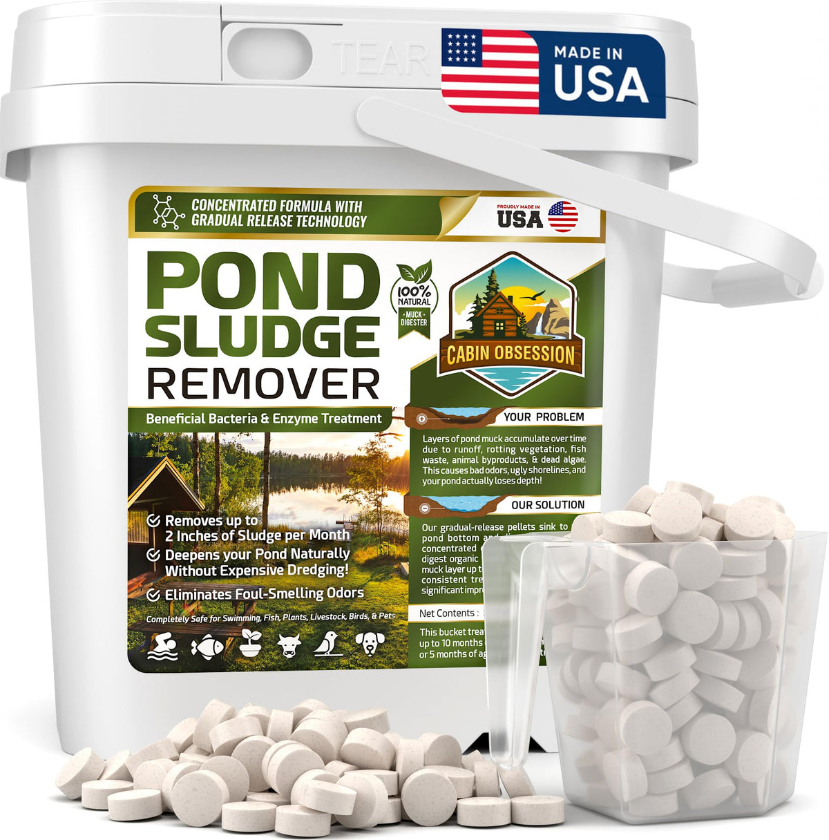 Cabin Obsession Pond Sludge Remover bucket shown for muck control near the pond