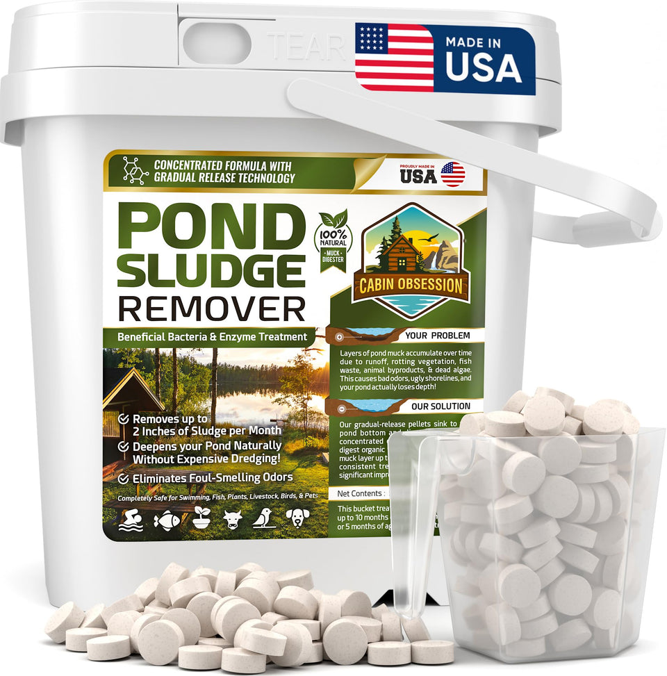 Cabin Obsession Pond Sludge Remover bucket shown for muck control near the pond