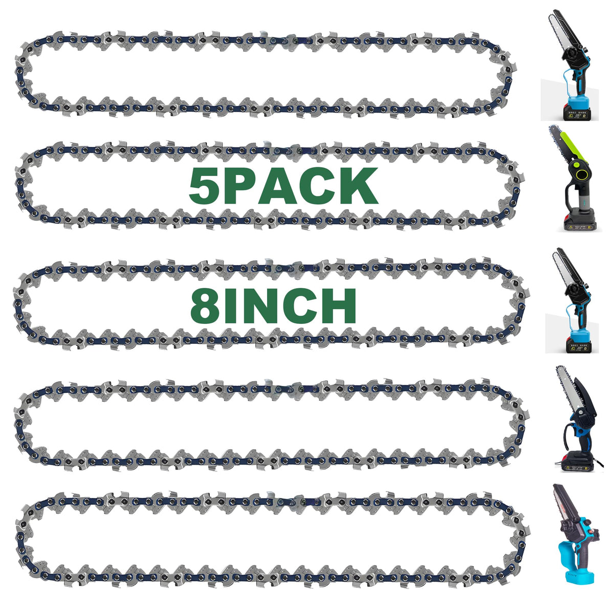 CaeyBrye 8-inch mini chainsaw chain front view, ready for precise replacement.