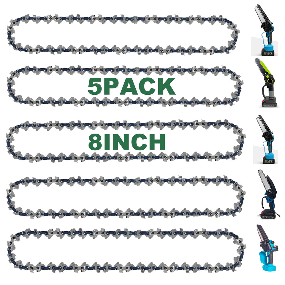 CaeyBrye 8-inch mini chainsaw chain front view, ready for precise replacement.
