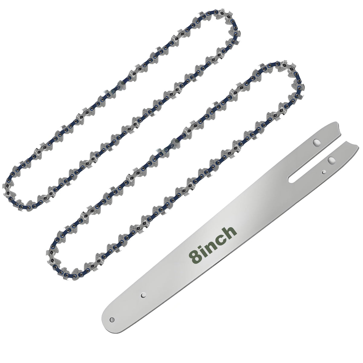 CaeyBrye 8-inch chain pack with two chains and guide bar for quick saw maintenance.
