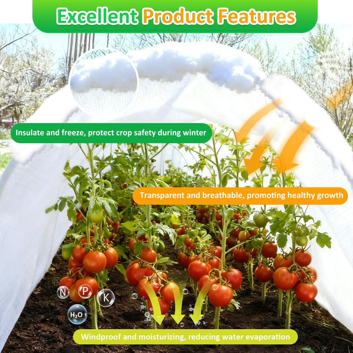 Cahomo white plant cover on fruit trees shielding buds from frost damage