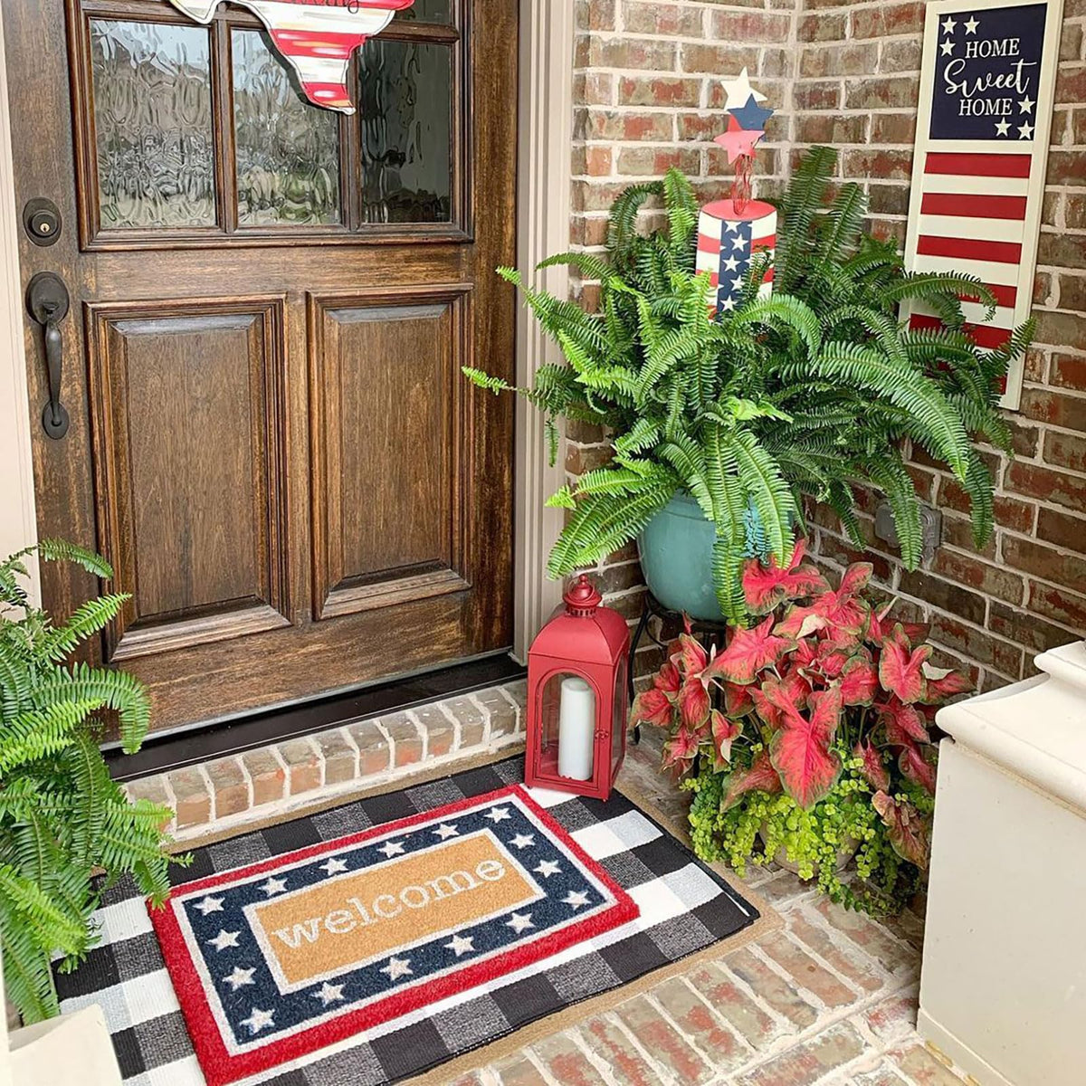 CAINANEL Buffalo plaid outdoor rug in entryway scene complements porch decor
