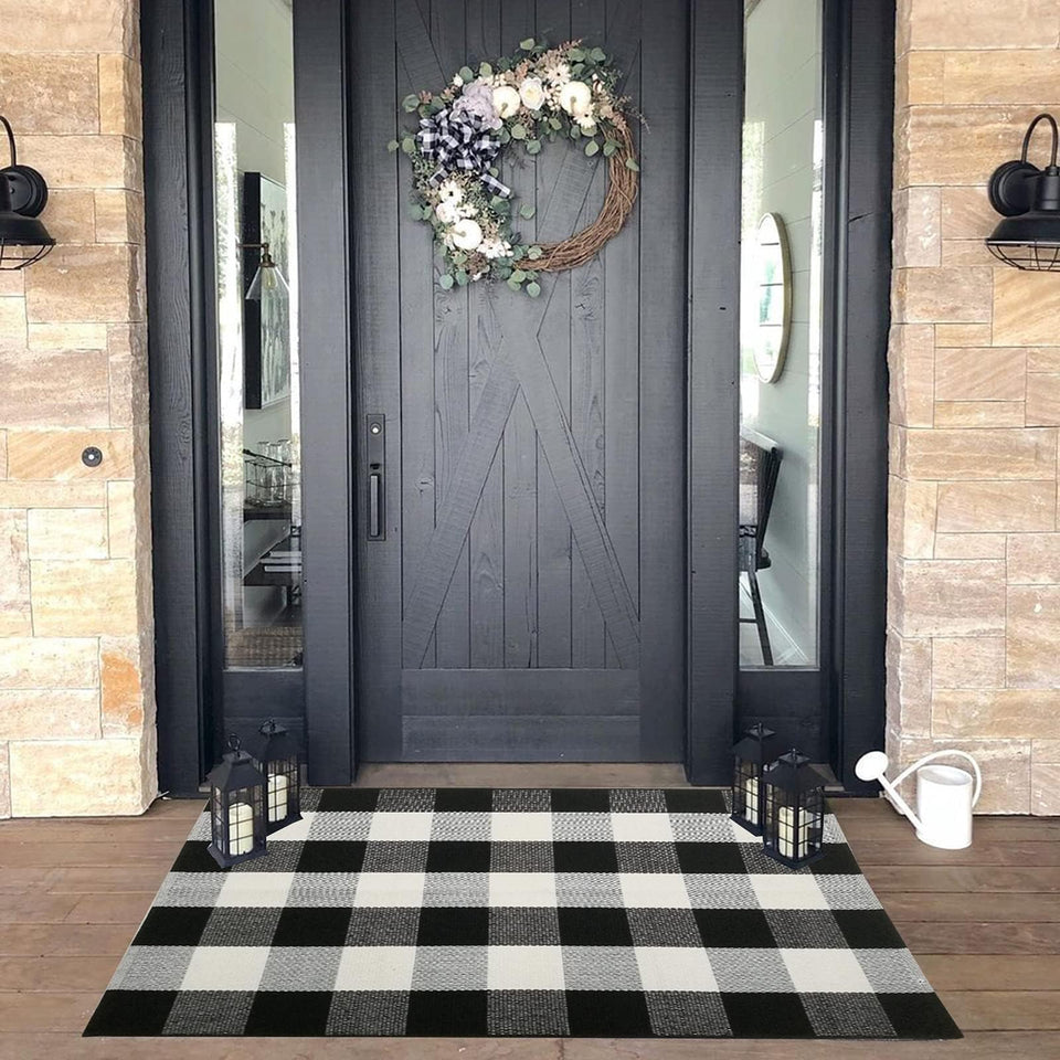 CAINANEL Buffalo plaid outdoor rug top view enhances entryway curb appeal