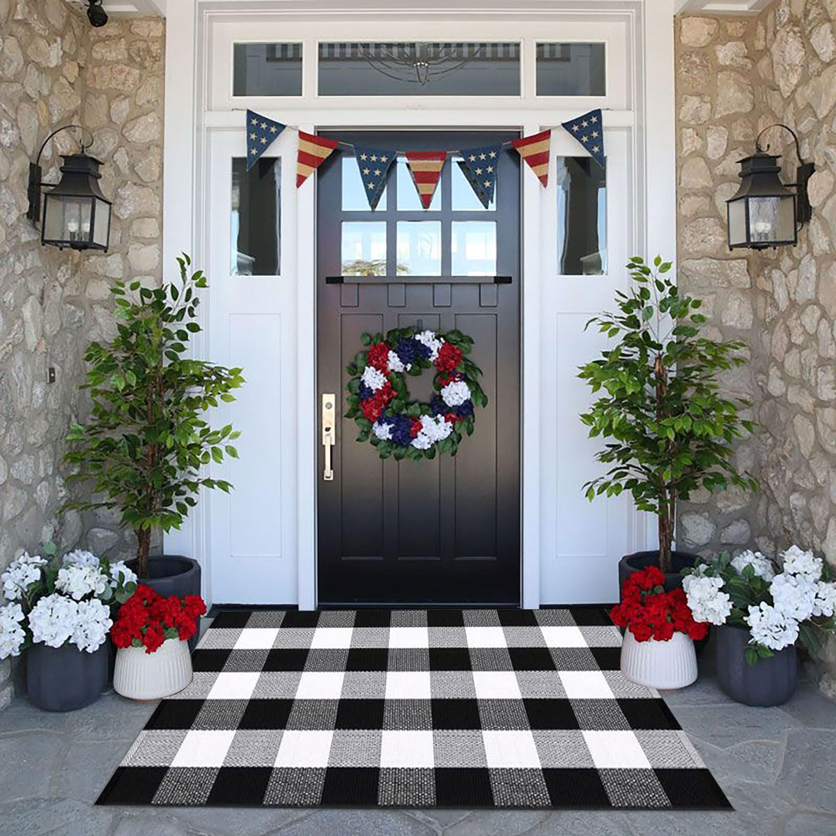 CAINANEL Buffalo plaid outdoor rug front porch decor setup with neutral pattern