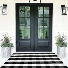 CAINANEL Buffalo Plaid Outdoor Rug on front porch for stylish, durable entry