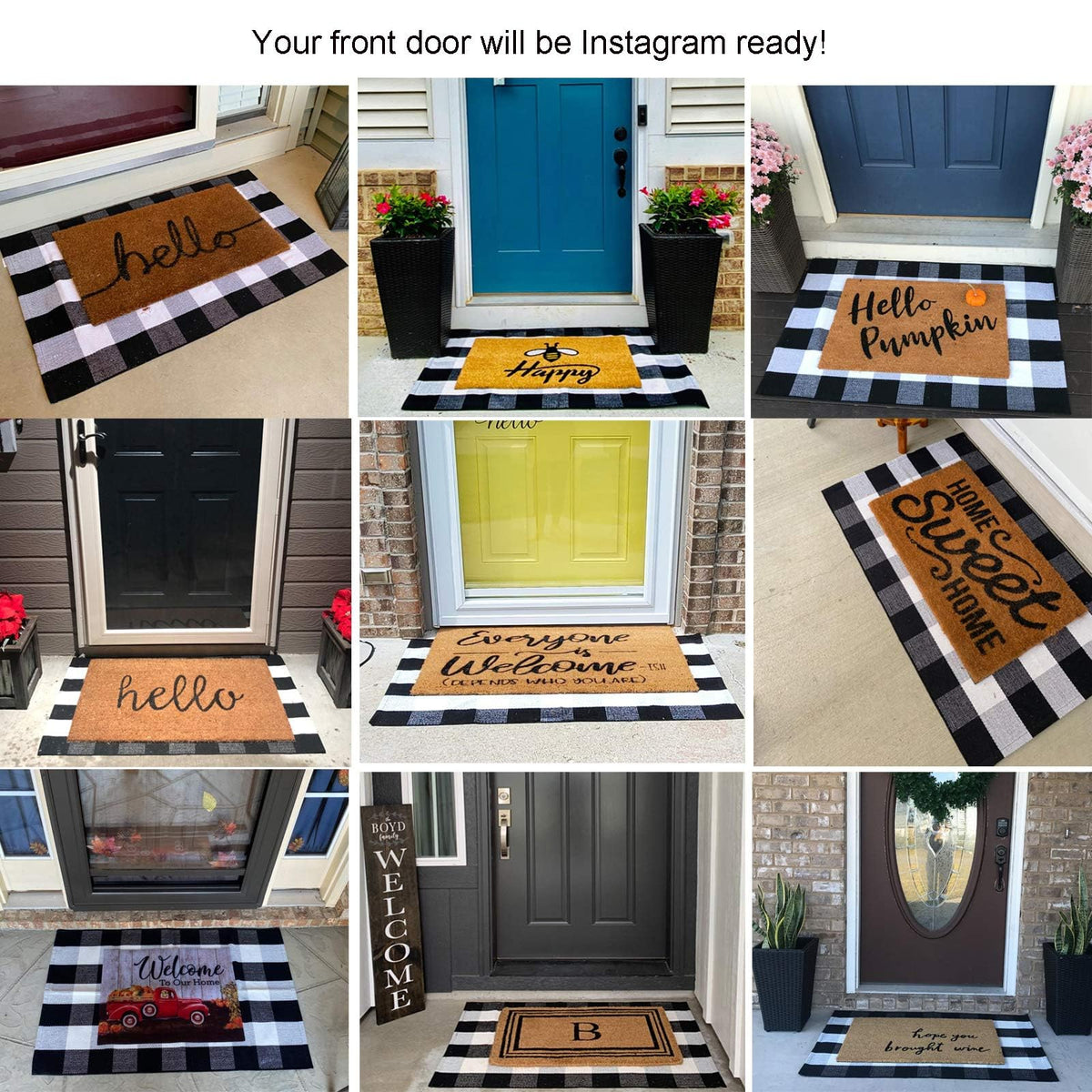 CAINANEL Buffalo plaid outdoor rug with hello mat layered look creates welcoming entrance