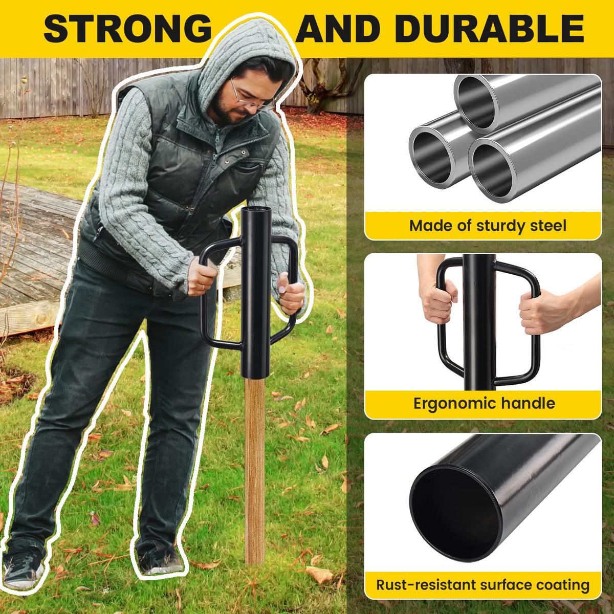 CALCHELE post driver 2.7-inch inner diameter grips metal posts for durability.