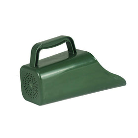 CALIDAKA soil scoop resting on a bench with a flat base for stability.