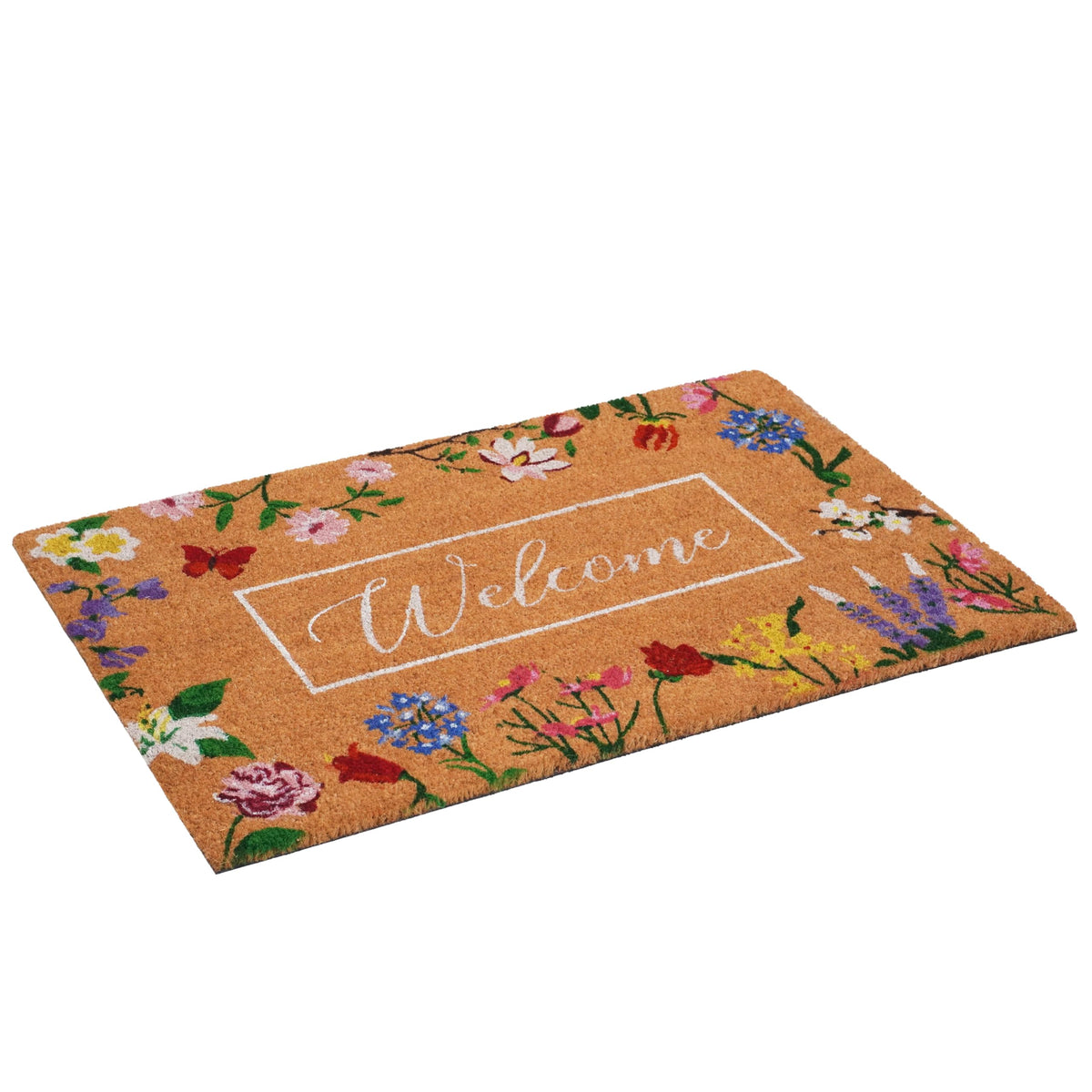 Calloway Mills Butterfly Garden Doormat texture showcases coir to trap mud at entry.
