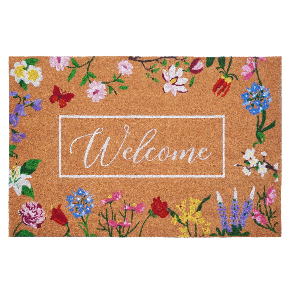 Calloway Mills Butterfly Garden Welcome Doormat with floral design welcomes guests and scrapes dirt.