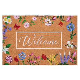 Calloway Mills Butterfly Garden Welcome Doormat with floral design welcomes guests and scrapes dirt.