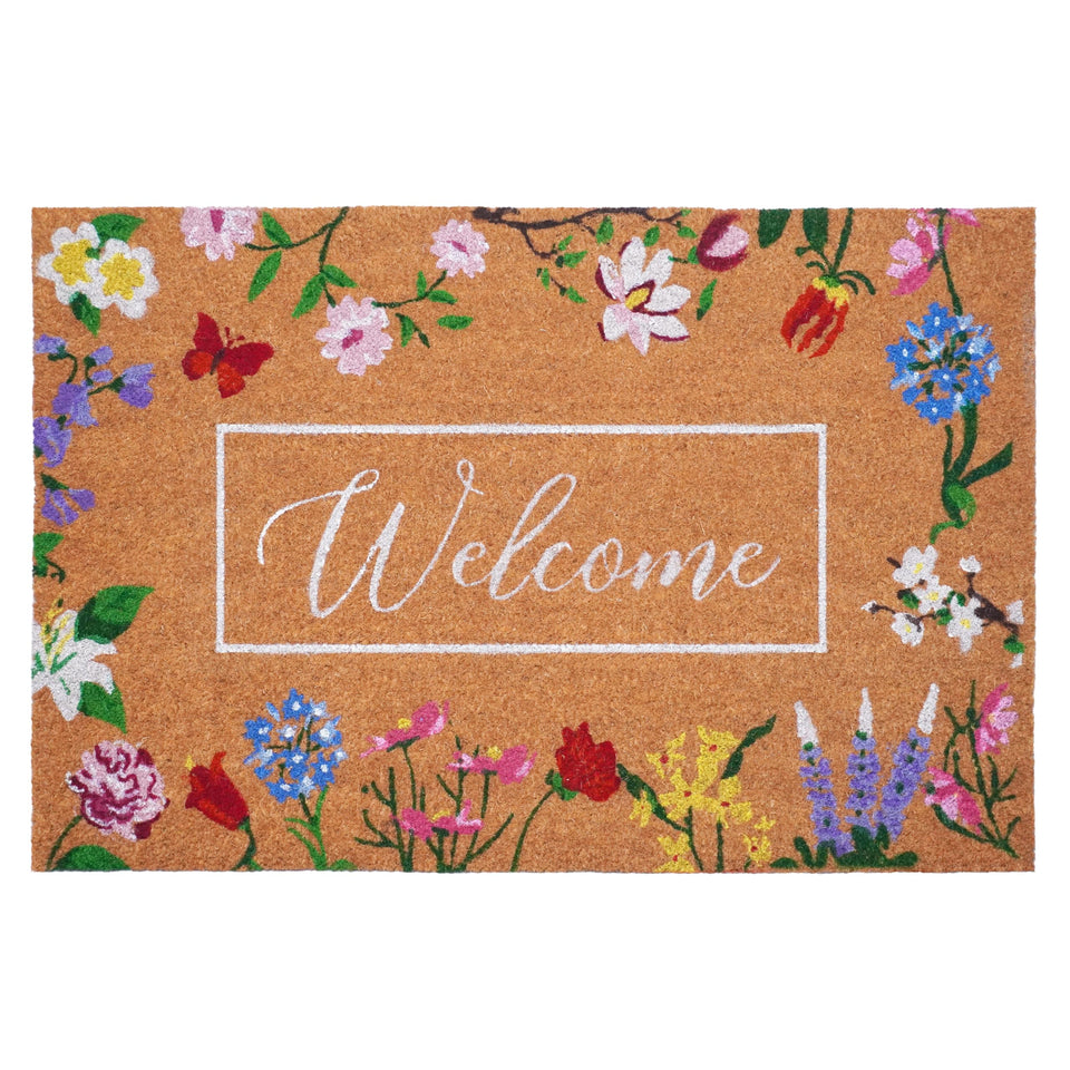 Calloway Mills Butterfly Garden Welcome Doormat with floral design welcomes guests and scrapes dirt.