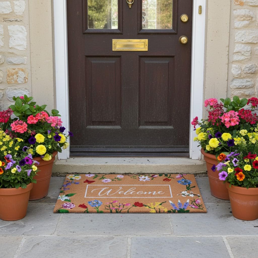 Calloway Mills Butterfly Garden Doormat demonstrates non-slip backing to protect floors.