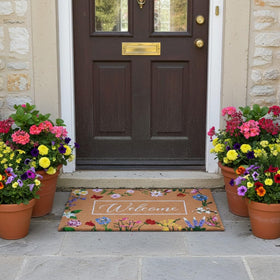 Calloway Mills Butterfly Garden Doormat demonstrates non-slip backing to protect floors.