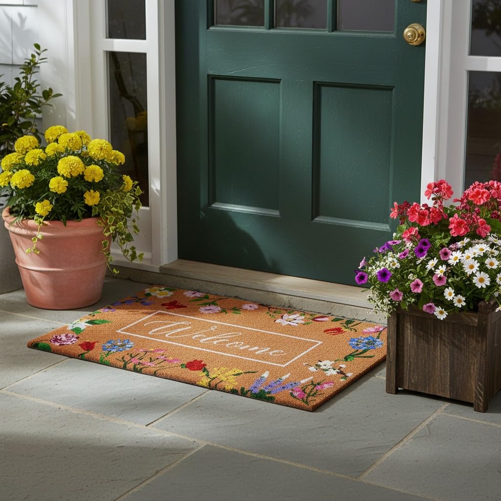 Calloway Mills Butterfly Garden Doormat with vinyl backing for durability and stable placement.