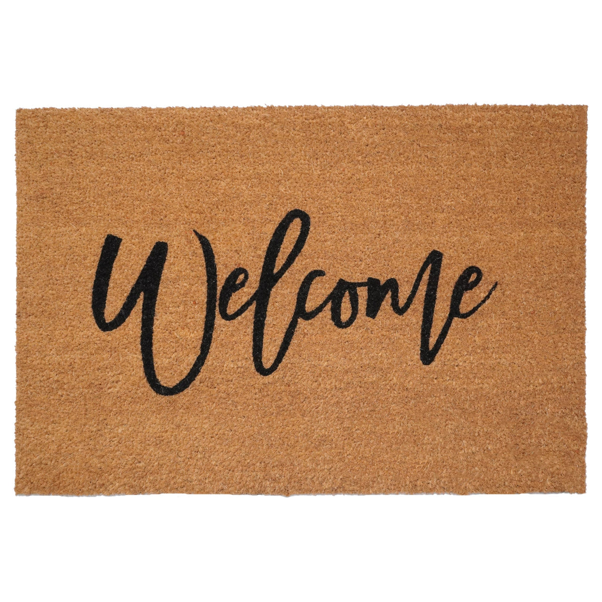 Calloway Mills Cursive Welcome Doormat on entry, tan and black, durable texture that scrapes dirt
