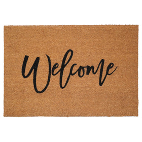 Calloway Mills Cursive Welcome Doormat on entry, tan and black, durable texture that scrapes dirt
