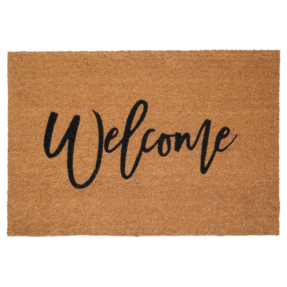 Calloway Mills Cursive Welcome Doormat on entry, tan and black, durable texture that scrapes dirt