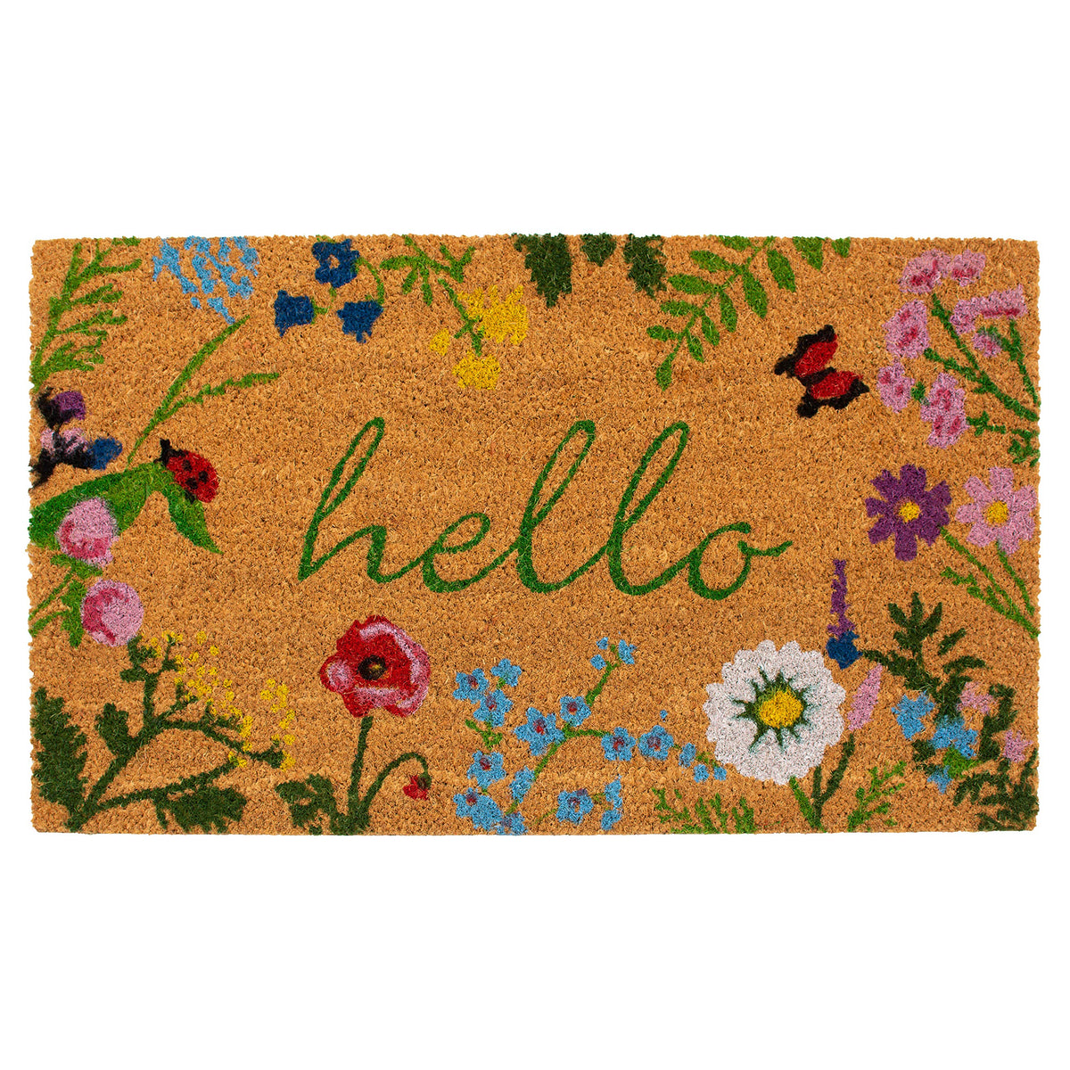 Calloway Mills Floral Hello doormat with flowers greets guests and scrapes dirt at the entry.