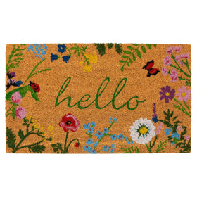 Calloway Mills Floral Hello doormat with flowers greets guests and scrapes dirt at the entry.