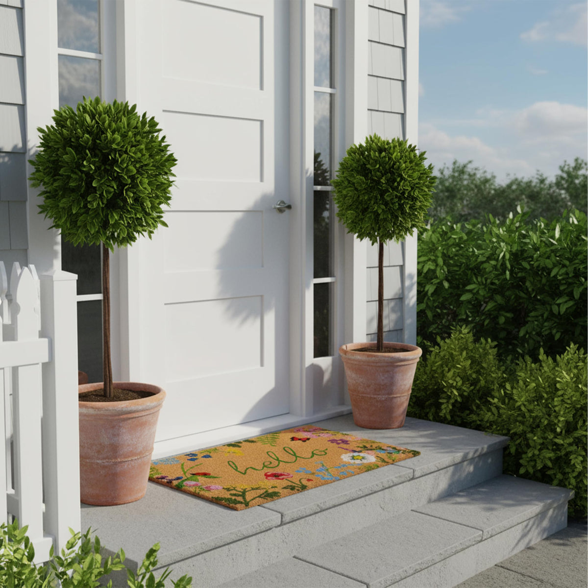 Calloway Mills Floral Hello doormat provides welcoming color for indoor and sheltered outdoor spaces.