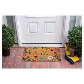 Calloway Mills Floral Hello doormat highlights coir texture that traps dirt before it enters.