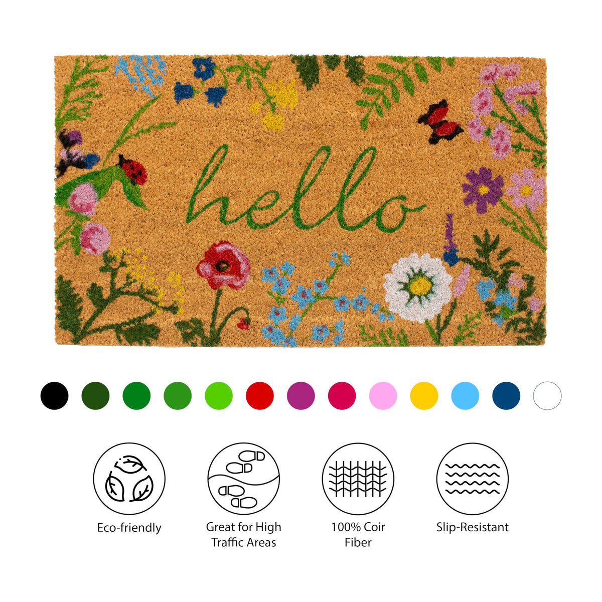 Calloway Mills Floral Hello doormat measures 17x29 and fits standard doors without bulk.
