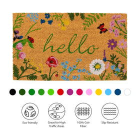 Calloway Mills Floral Hello doormat measures 17x29 and fits standard doors without bulk.