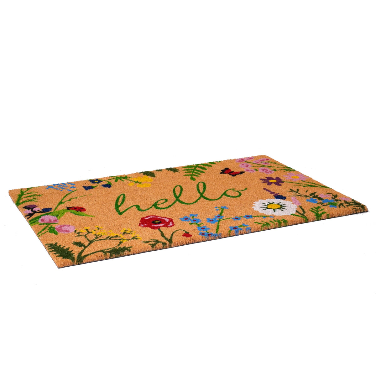 Calloway Mills Floral Hello Doormat on a sheltered porch demonstrating weather-tolerant design