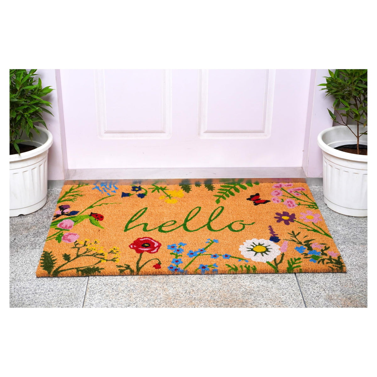 Calloway Mills Floral Hello Doormat vinyl backing visible for anti-slip stability
