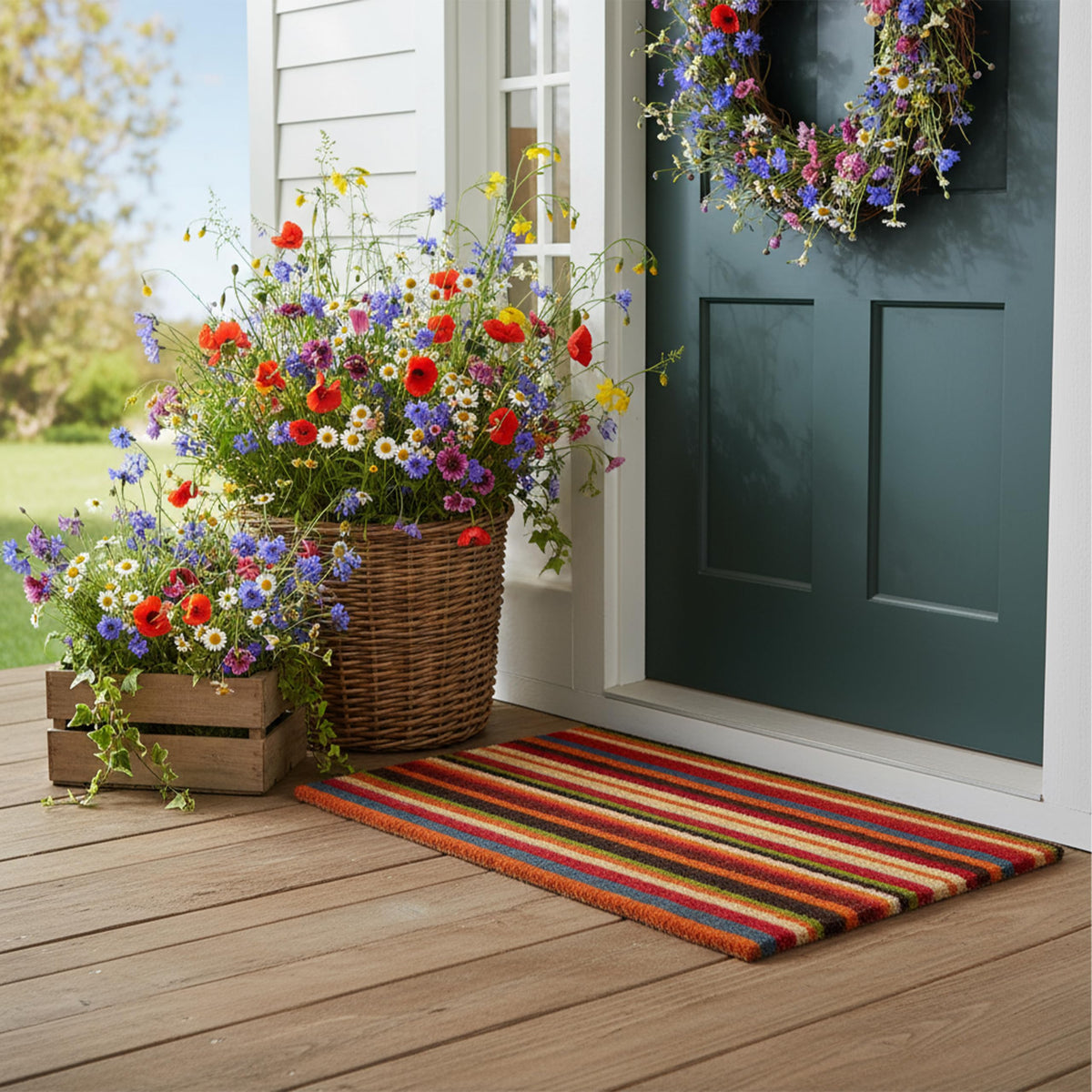Coir fiber close-up on Calloway Mills Palisades Stripe Doormat shows dense scraping texture