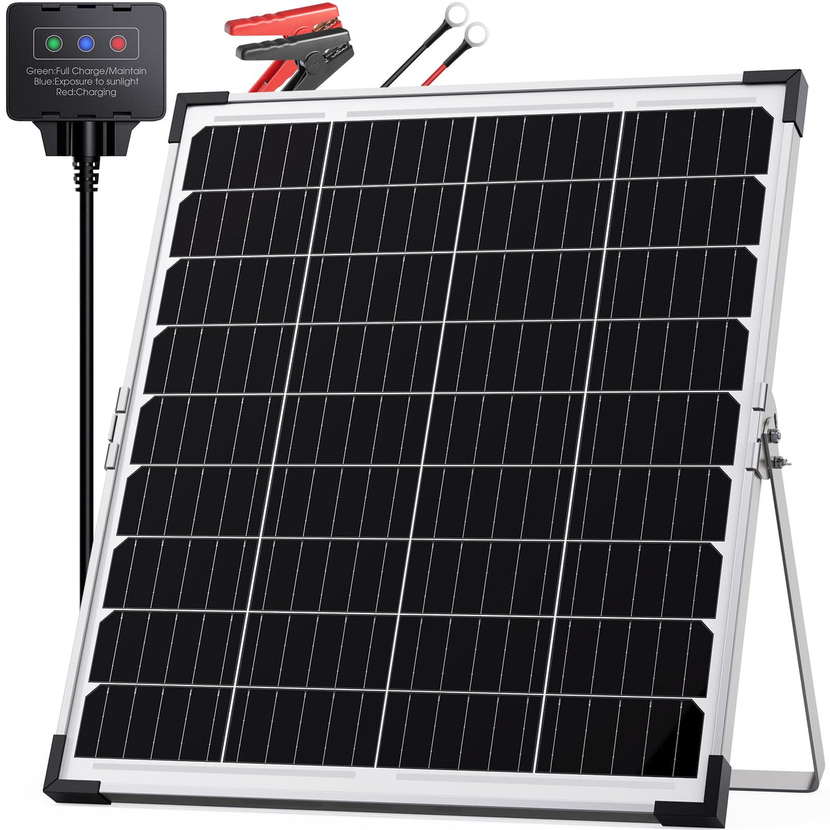 Callsun 30W solar panel with built-in smart controller maintains battery health outdoors.