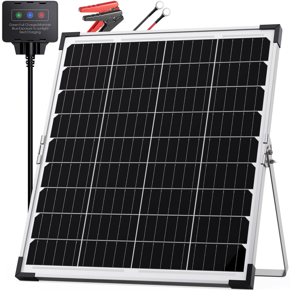 Callsun 30W solar panel with built-in smart controller maintains battery health outdoors.