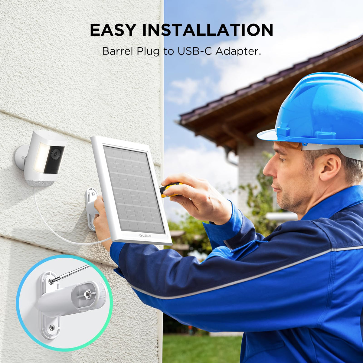 Callsun solar panel installed in yard delivers reliable outdoor charging.
