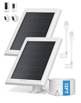 Callsun Ring solar panel two-pack charging kit powering Ring cameras outdoors.