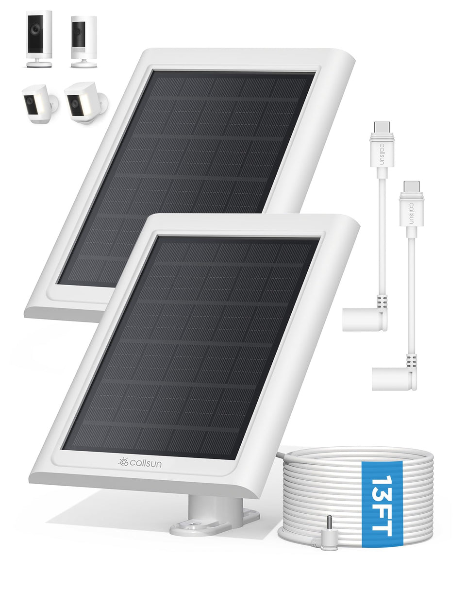 Callsun Ring solar panel two-pack charging kit powering Ring cameras outdoors.