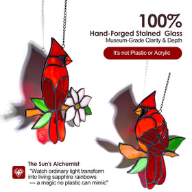 Calmpathz cardinal suncatcher close-up highlights handcrafted glass and red hues