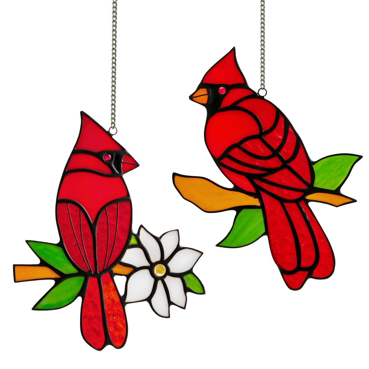 Calmpathz cardinal stained glass suncatcher in a sunlit window adds vibrant color
