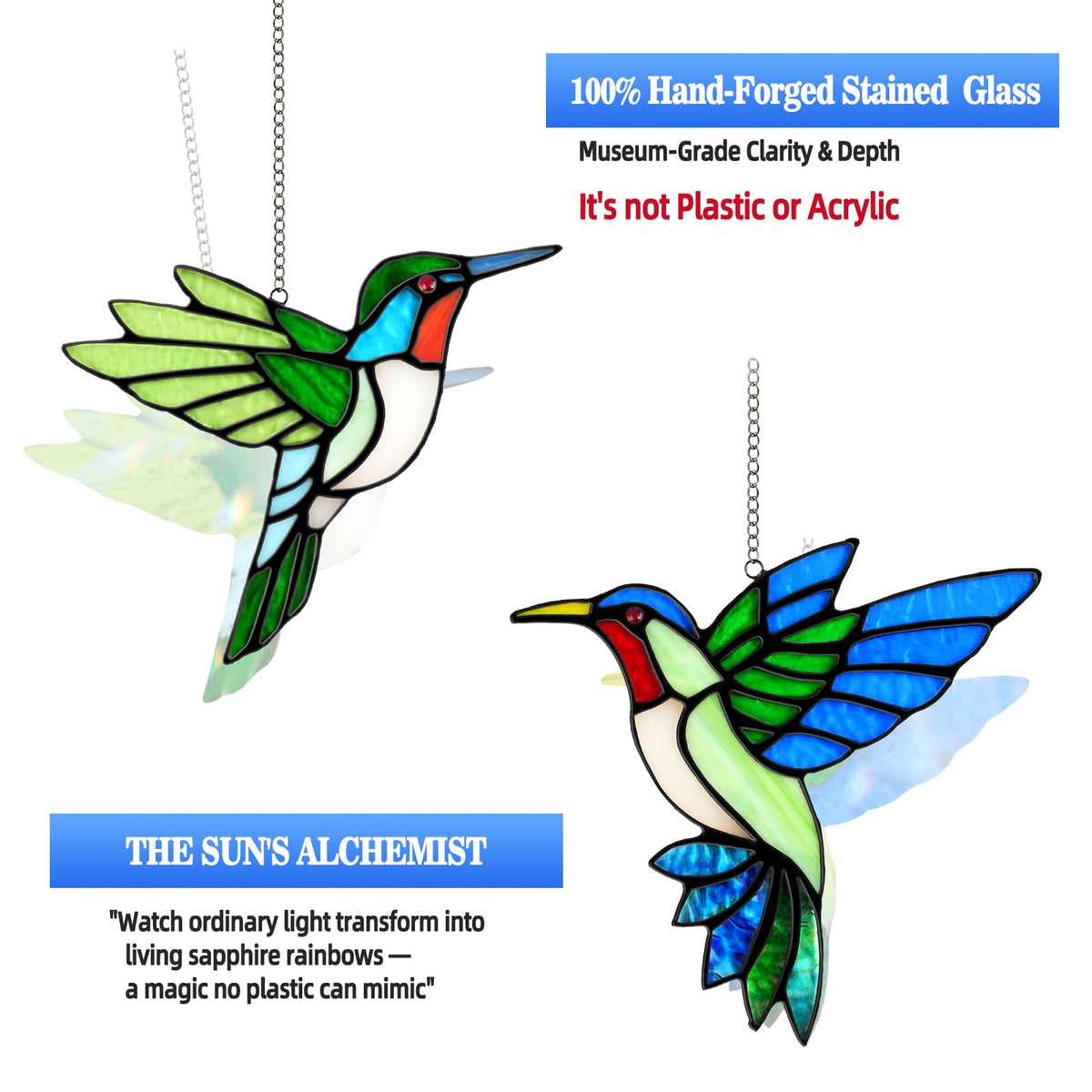 Calmpathz hummingbird window suncatcher with copper foil edges enhances daylight reflections.