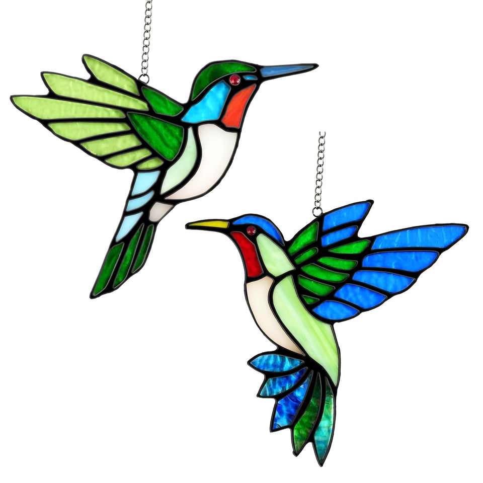 Calmpathz two hummingbirds stained glass suncatcher creates vibrant window prisms for colorful light display.