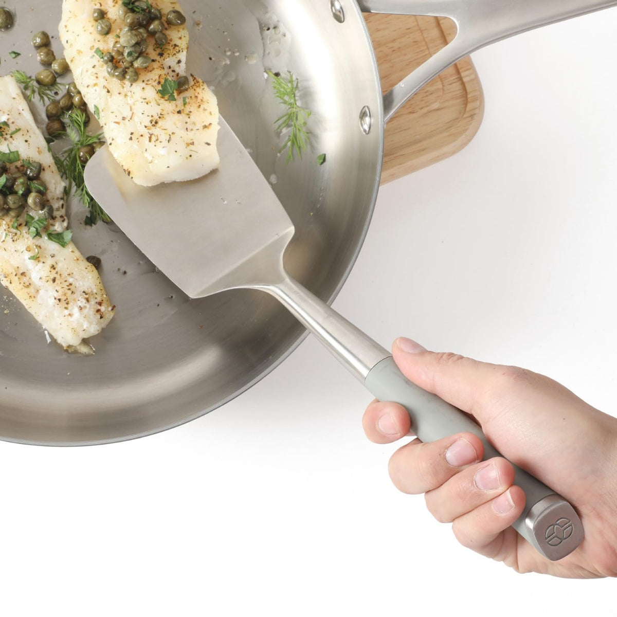 Calphalon Edge turner handle closeup, taupe non slip grip for comfortable use