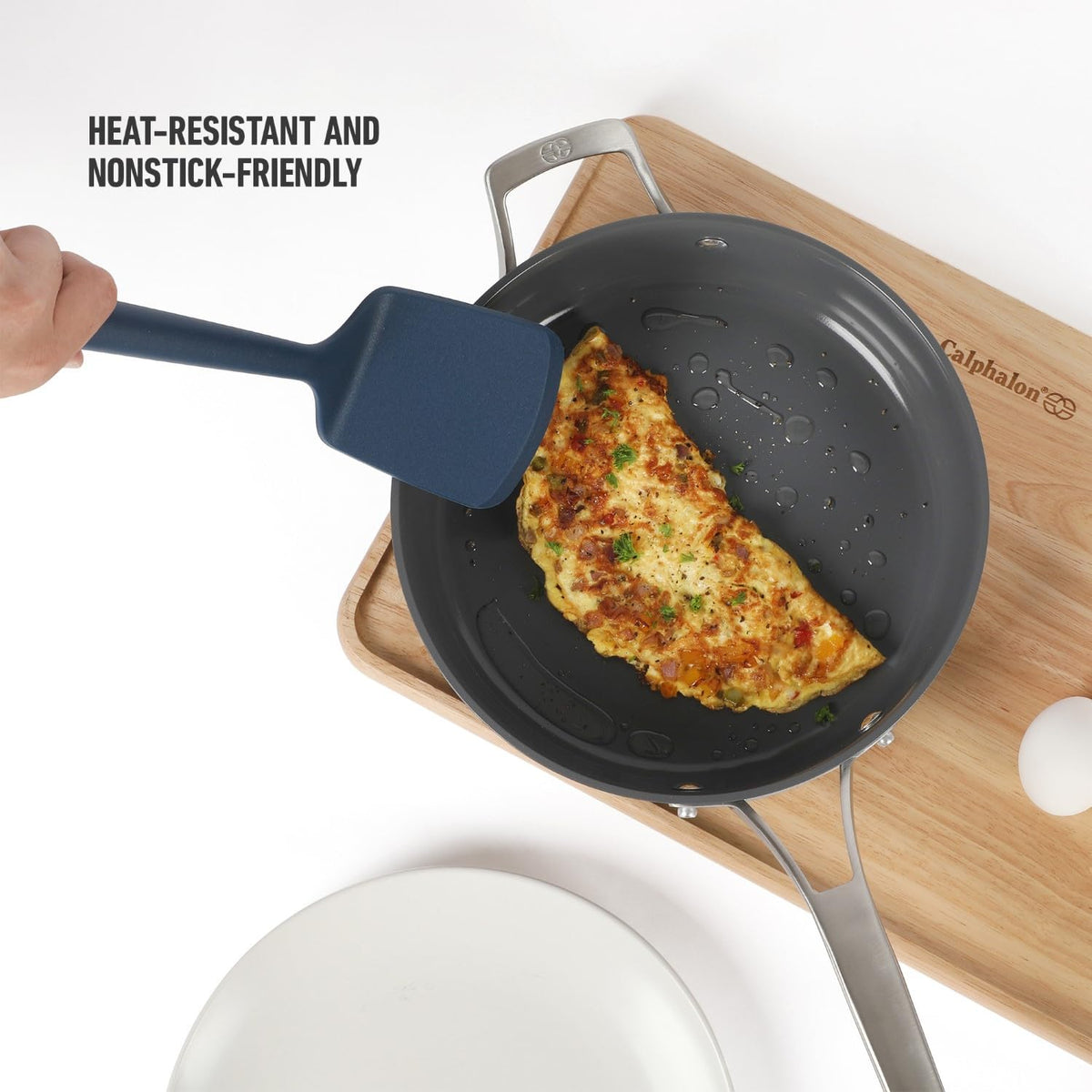 Calphalon Edge silicone turner protects nonstick surfaces from scratches.