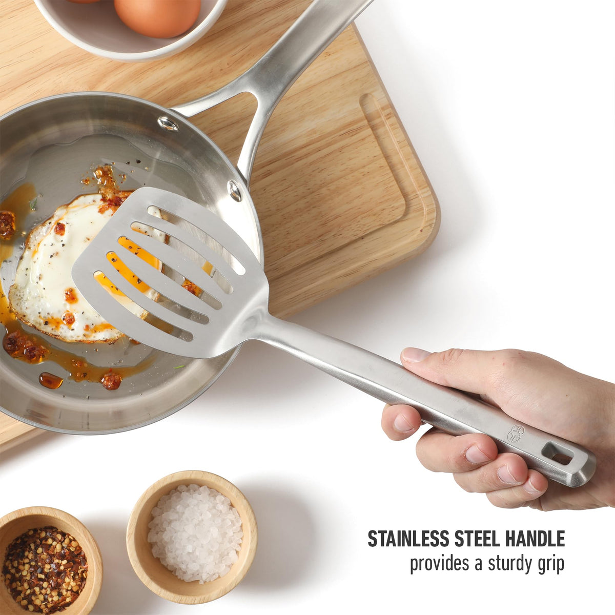 Calphalon Prime ergonomic grip enhances control during flipping and serving.