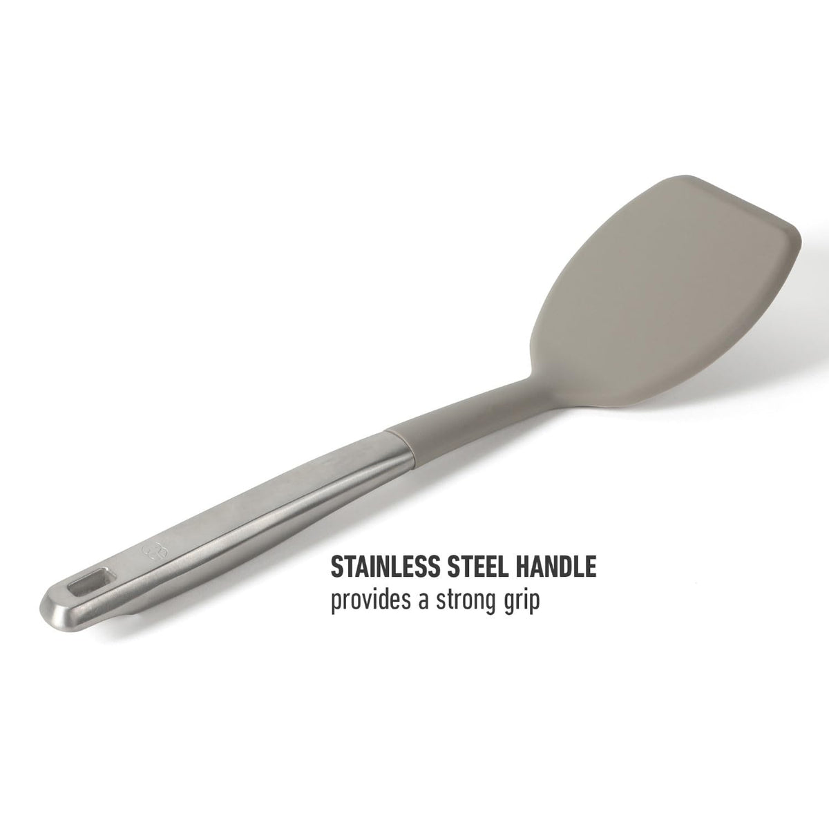 Sturdy stainless steel handle offers a confident grip during cooking.