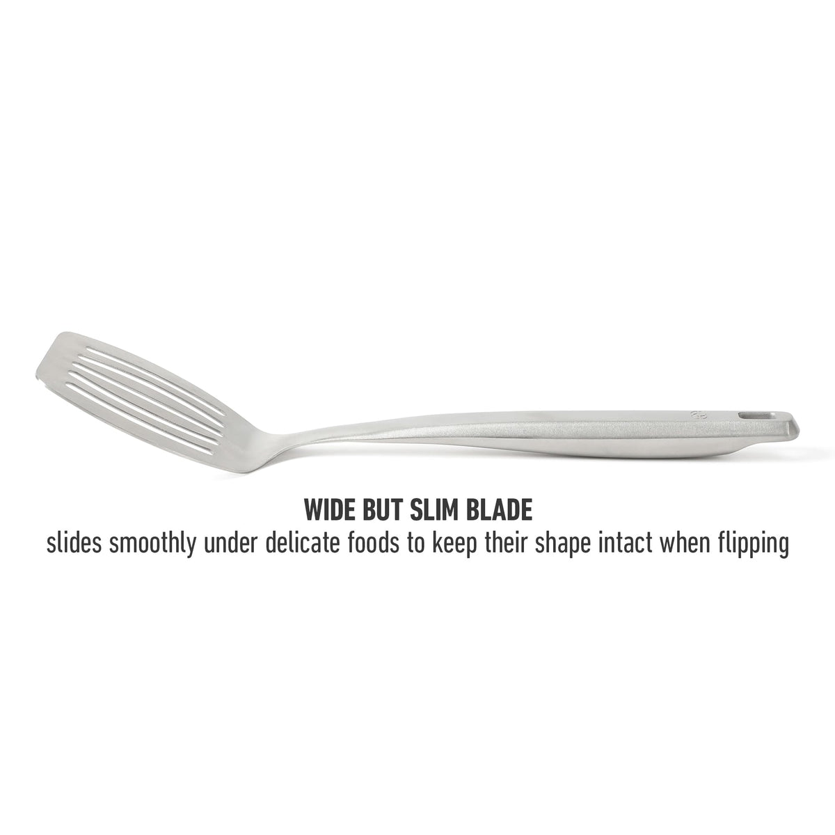 Calphalon Prime perforated blade for draining liquids when lifting.