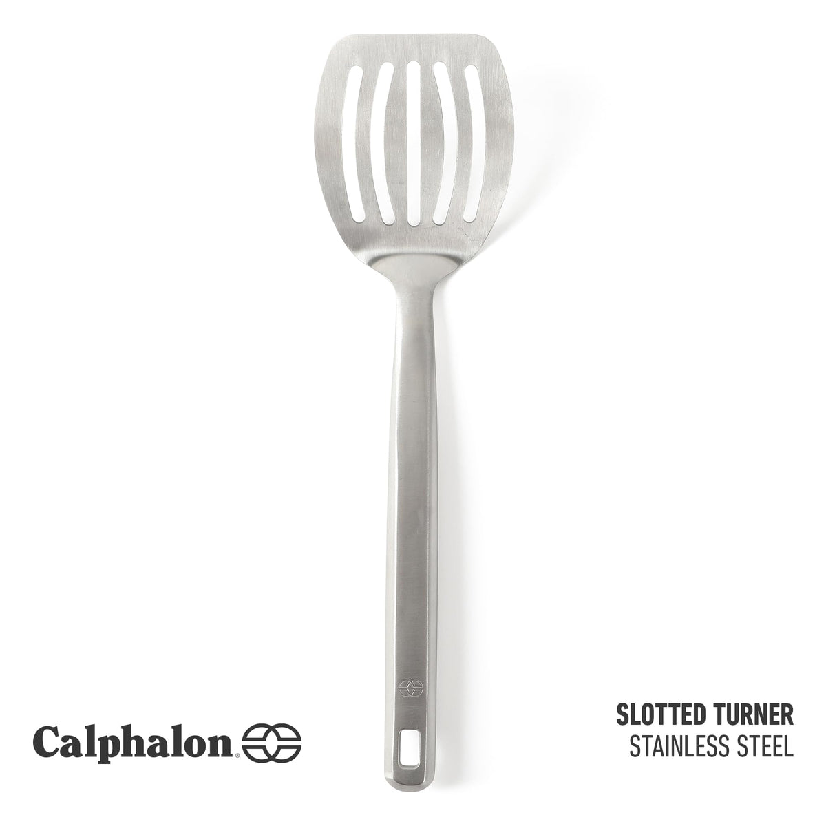 Calphalon Prime slotted spatula designed to lift foods while draining liquids.