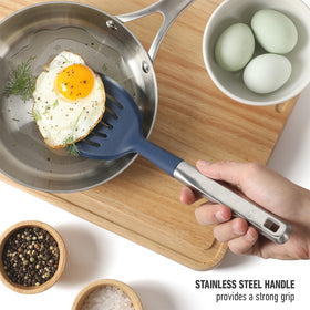 Calphalon Prime slotted turner handles thick chowder and sauces with ease.