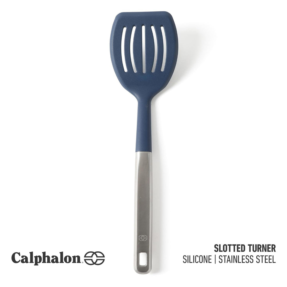 Calphalon Prime turner with heat-resistant silicone protects nonstick surfaces during high-heat cooking.