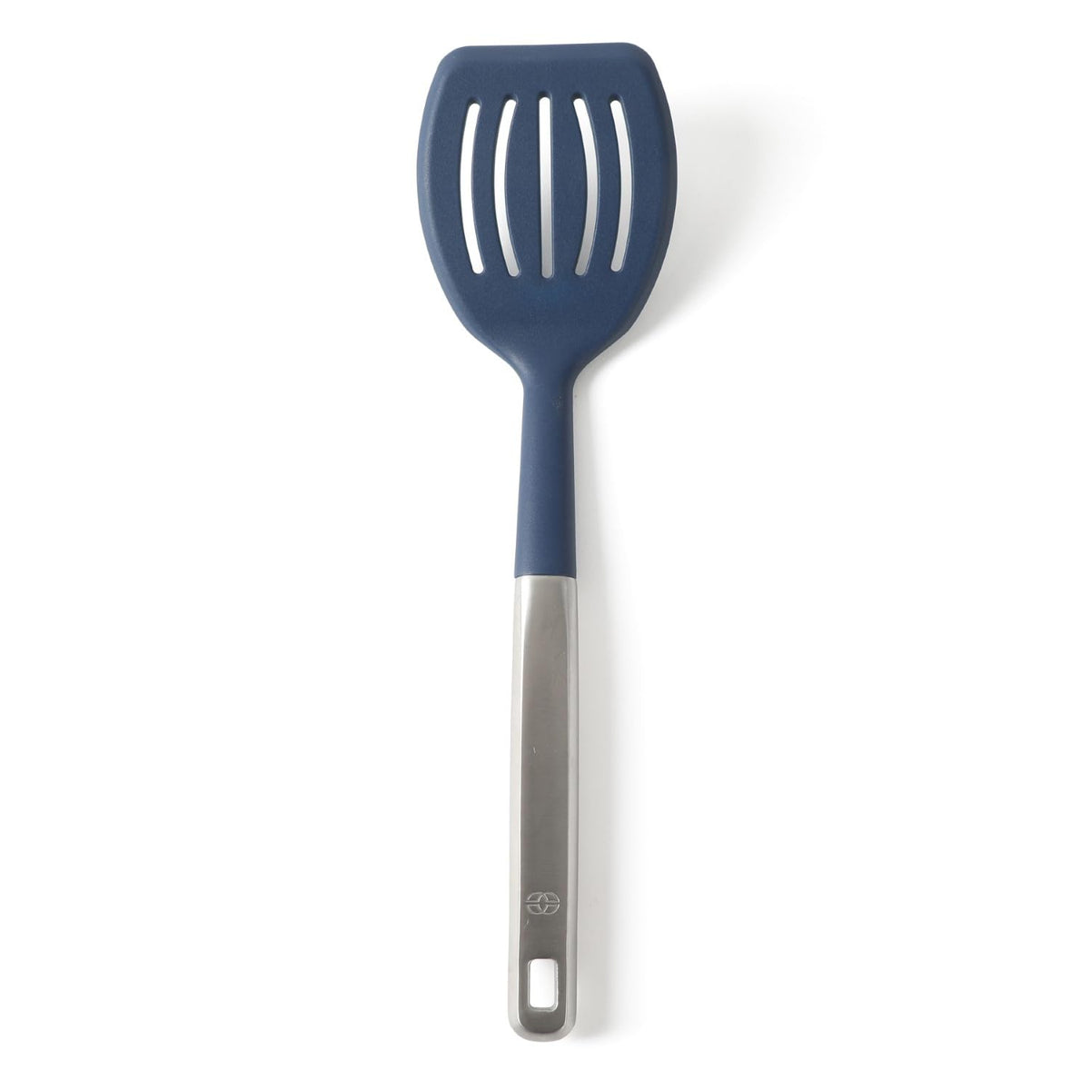 Calphalon Prime slotted turner with navy silicone head for gentle flipping of delicate foods.
